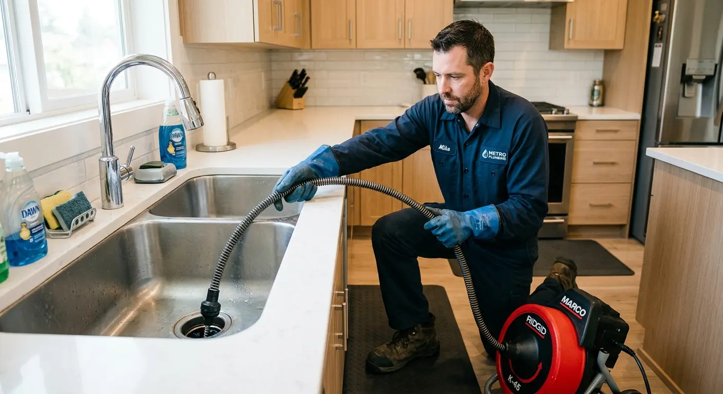 Drain cleaning technician using a motorized snake on a kitchen sink in Bayonne