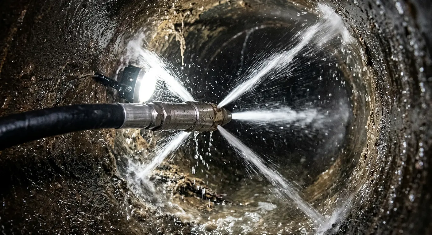 High-pressure hydro jetting nozzle cleaning sewer pipe for Emergency Drain Service in Bayonne