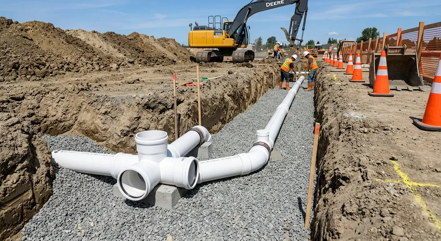 New PVC sewer pipe installation in open trench for Commercial Drain Cleaning in Bayonne