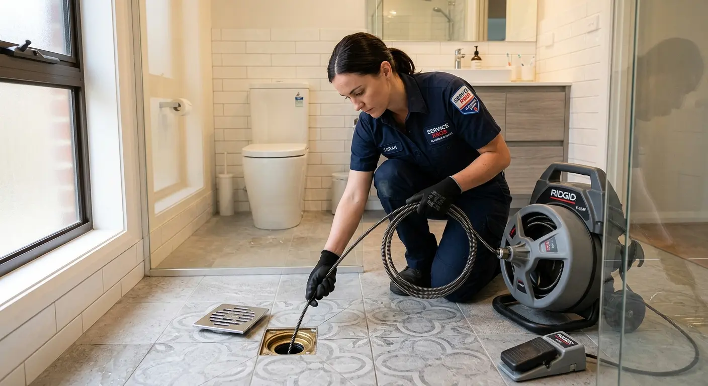 Technician clearing a bathroom floor drain for Sewer Line Replacement in Bayonne